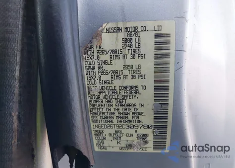 2002 Nissan Frontier Desert Runner Xe-V6 z USA, uszkodzony, nr VIN 1N6ED26T92C309780